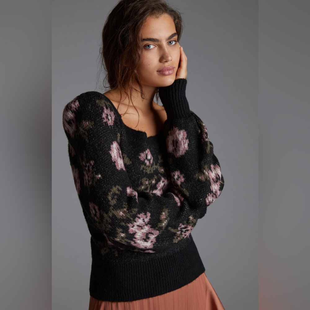 Anthropologie Square Neck Floral Puff Sleeve Sweater